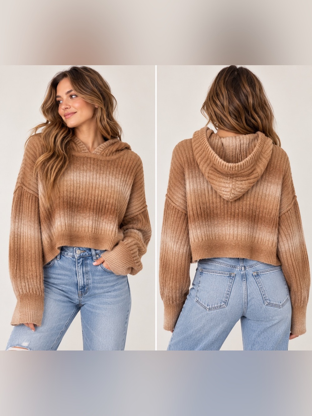 OFFLINE by Aerie Ribbed Hooded Cropped Oversized Sweater Tan M